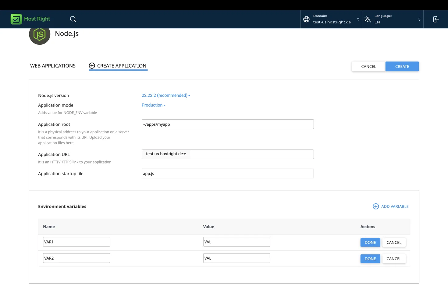 Completed Node.js application form