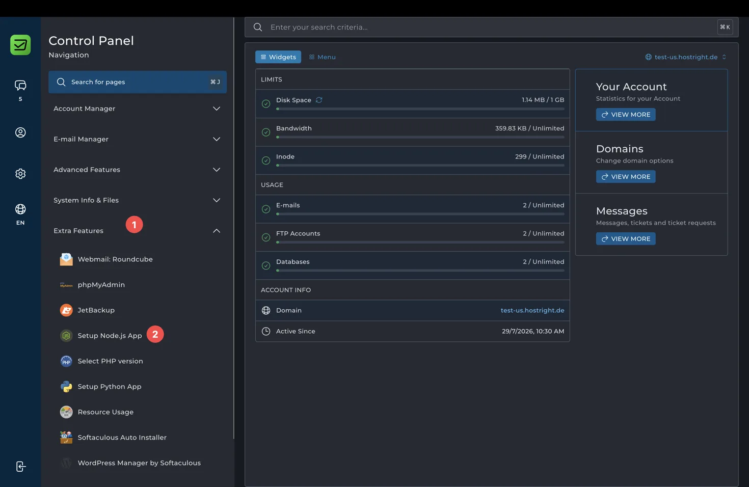 Open Setup Node.js App in HostRight Control Panel