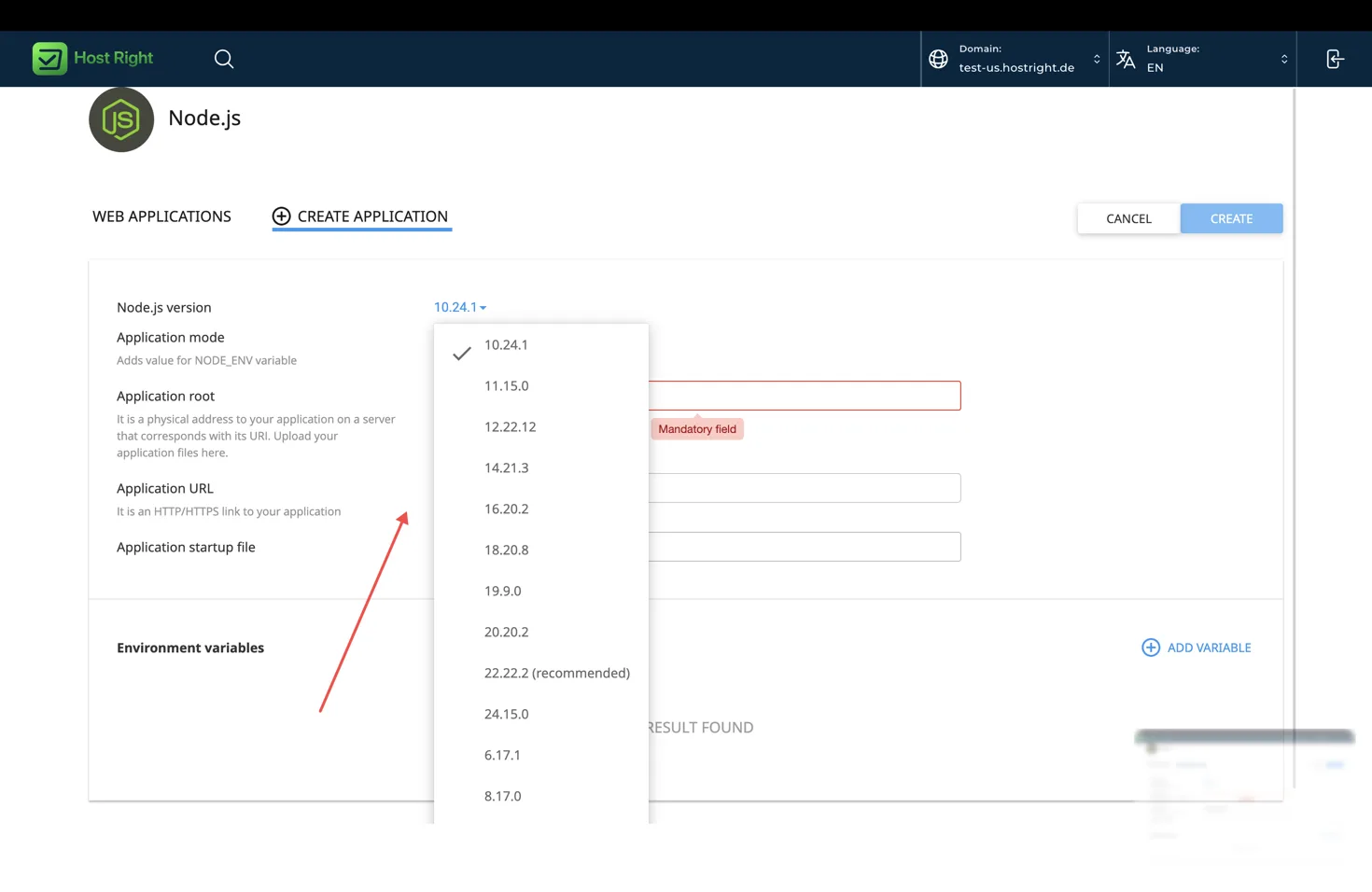 Select the Node.js version