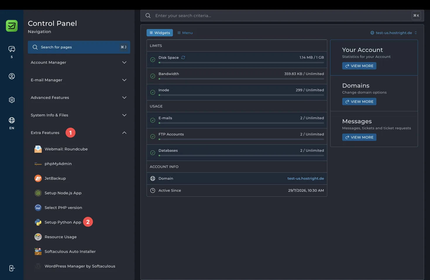Open Python setup in HostRight Control Panel
