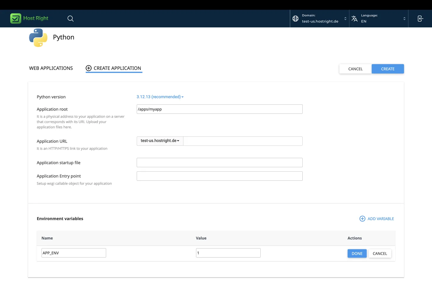 Bottle application in HostRight Control Panel